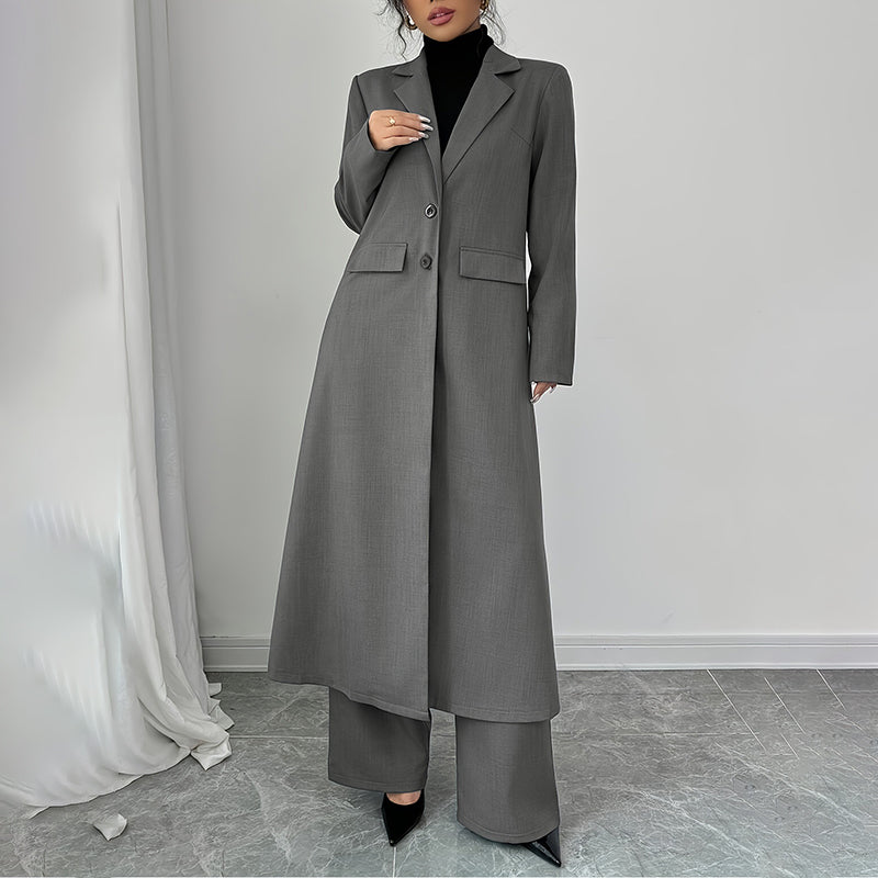 NIERMO Elegant Long Blazer & Wide-Leg Pants Set – Dark Gray