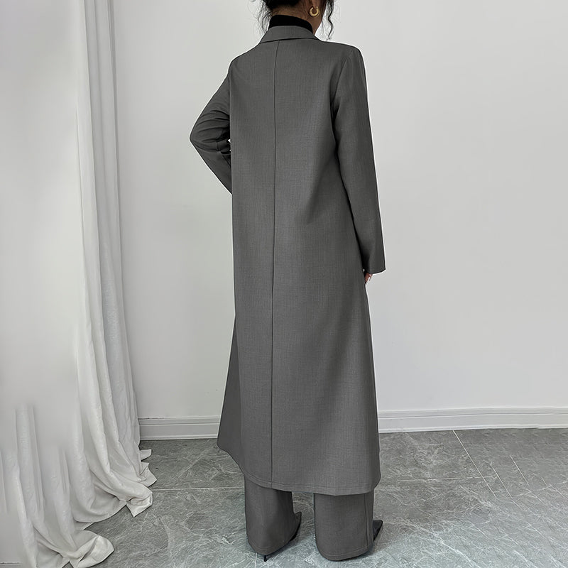 NIERMO Elegant Long Blazer & Wide-Leg Pants Set – Dark Gray